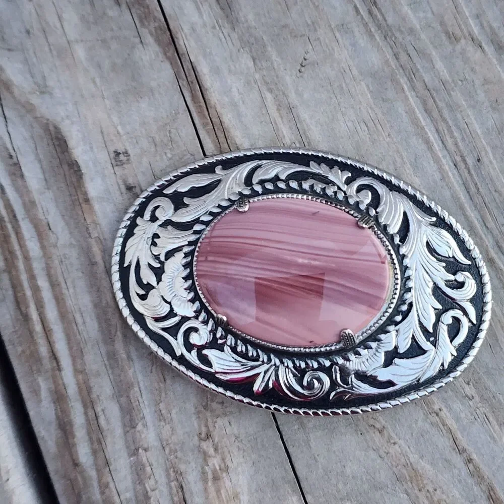 VINTAGE Rare Western Tooled Silver Belt Buckle with Pink Fiesta Agate GemStone